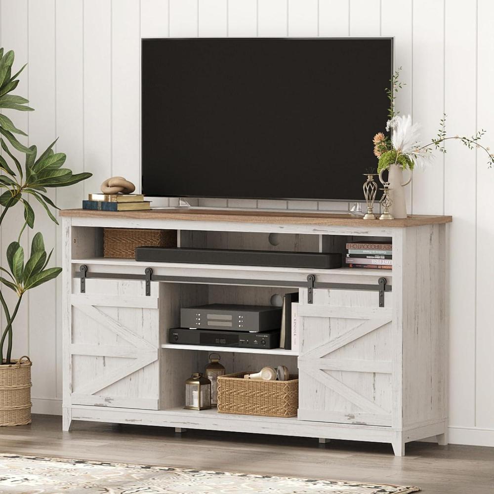 image:imageLifewit Farmhouse TV Stand for up to 65 TV Entertainment Center with Ajustable Shelves Sliding Barn Door and Open Storage Spaces TV Console for Living Room Bedroom Hold 300lbs Rustic WhiteUp to 65 TV