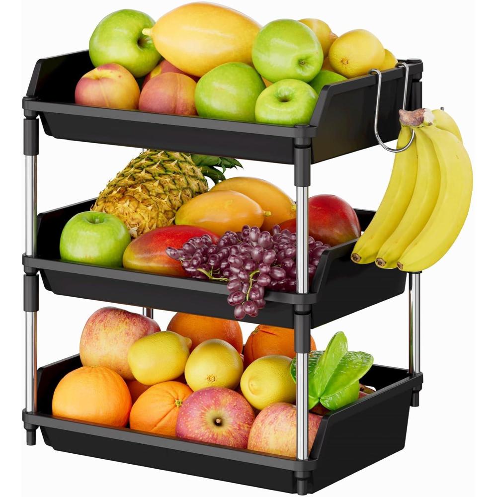 image:imageLifewit Fruit Basket for Kitchen Counter 3 Tier 1640cm H Fruit Bowl with Banana Hanger Vegetable Storage Stand Holder Organizer for Bread Snack Produce Black