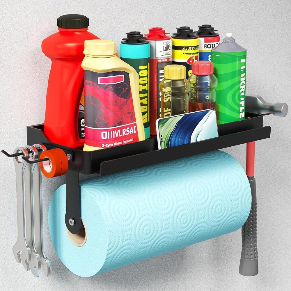 image:imageLifewit Garage Paper Towel Holder with Shelf Shop Towel Holder Wall Mount Tool Rack with 4 HooksampPhone Stand Stick on Adhesive Hold 19lbs or Screws44lbs for Clean StationCraft Room1PackBlack1