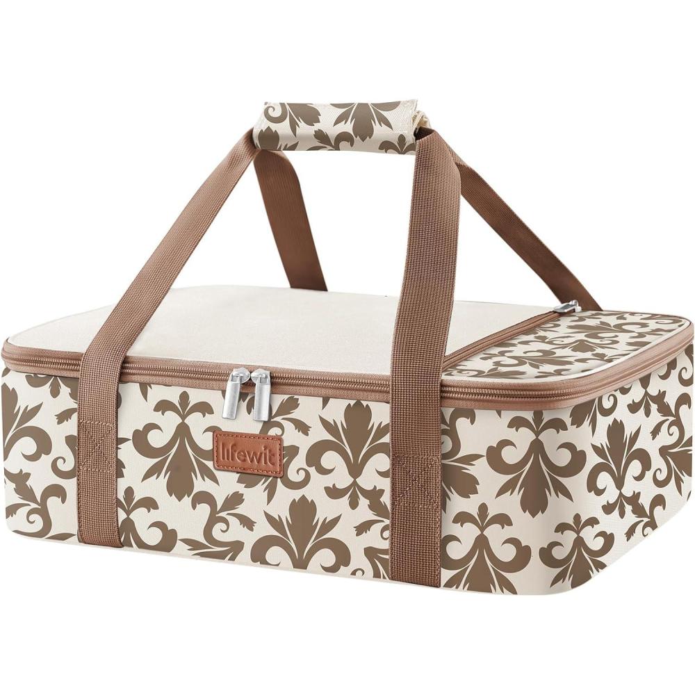 image:imageLifewit Insulated Single Decker Casserole Carrier for Hot or Cold Food Lasagna Lugger Holder Fits 9 x 13 Baking Dish Thermal Lunch Tote Bag for Potluck Parties Picnic and Cookouts GreyBeige