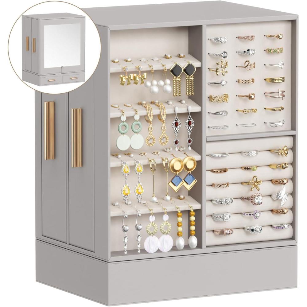 image:imageLifewit Jewelry Box 360 Rotating Large Adjustable Angle Mirror Jewelry Storage Case with 6 Drawers Open Design Jewelry Organizer for Ring Necklace Earring Bracelet Great Gift Creamy WhiteLight Gray