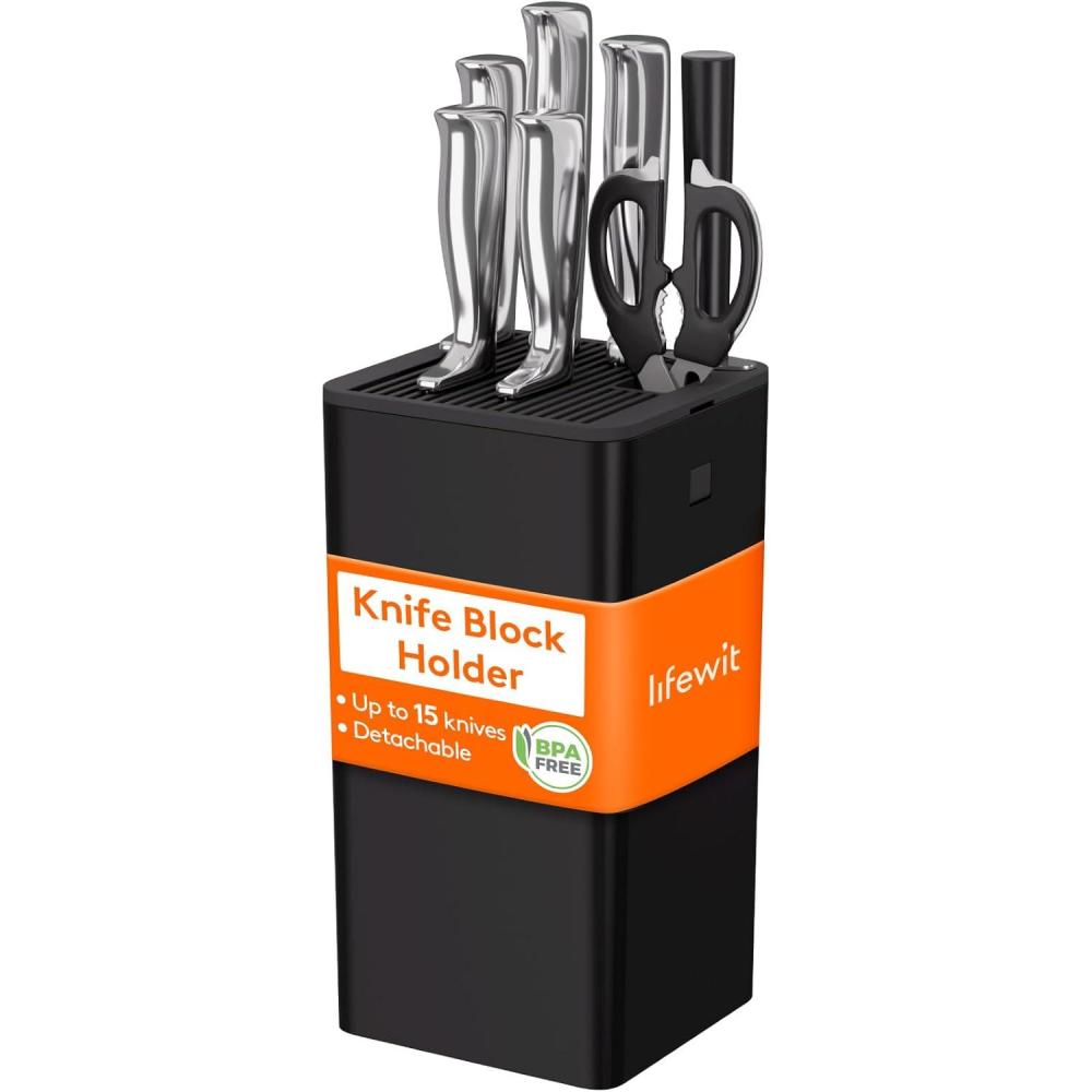 image:imageLifewit Knife Block without Knives Plastic Universal Knife Block Holder with Detachable Slots Hold Up to 15 Knives Scissors and Sharpening Rods Kitchen Storage Organizer for Counter Black