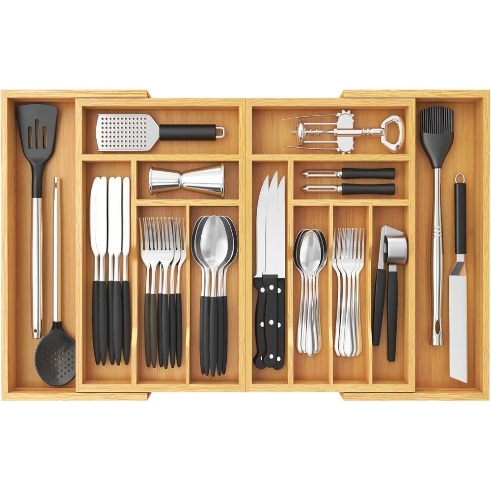 image:imageLifewit Large Silverware Drawer Organizer Expandable 214 to 36 Inches Wide Bamboo Utensil Tray for Kitchen Adjustable Flatware and Cutlery Holder for Spoons Forks Knives 13 Compartments Natural