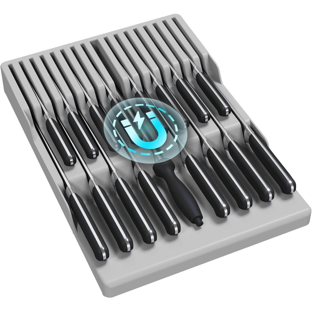 image:imageLifewit Magnetic Drawer Knife Organizers Insert Kitchen Plastic In Drawer Knife Block Slots Steak Chefs Knives Holder Storage Sets for 16 Knives and 1 Sharpening Steel Extra Large GrayGray