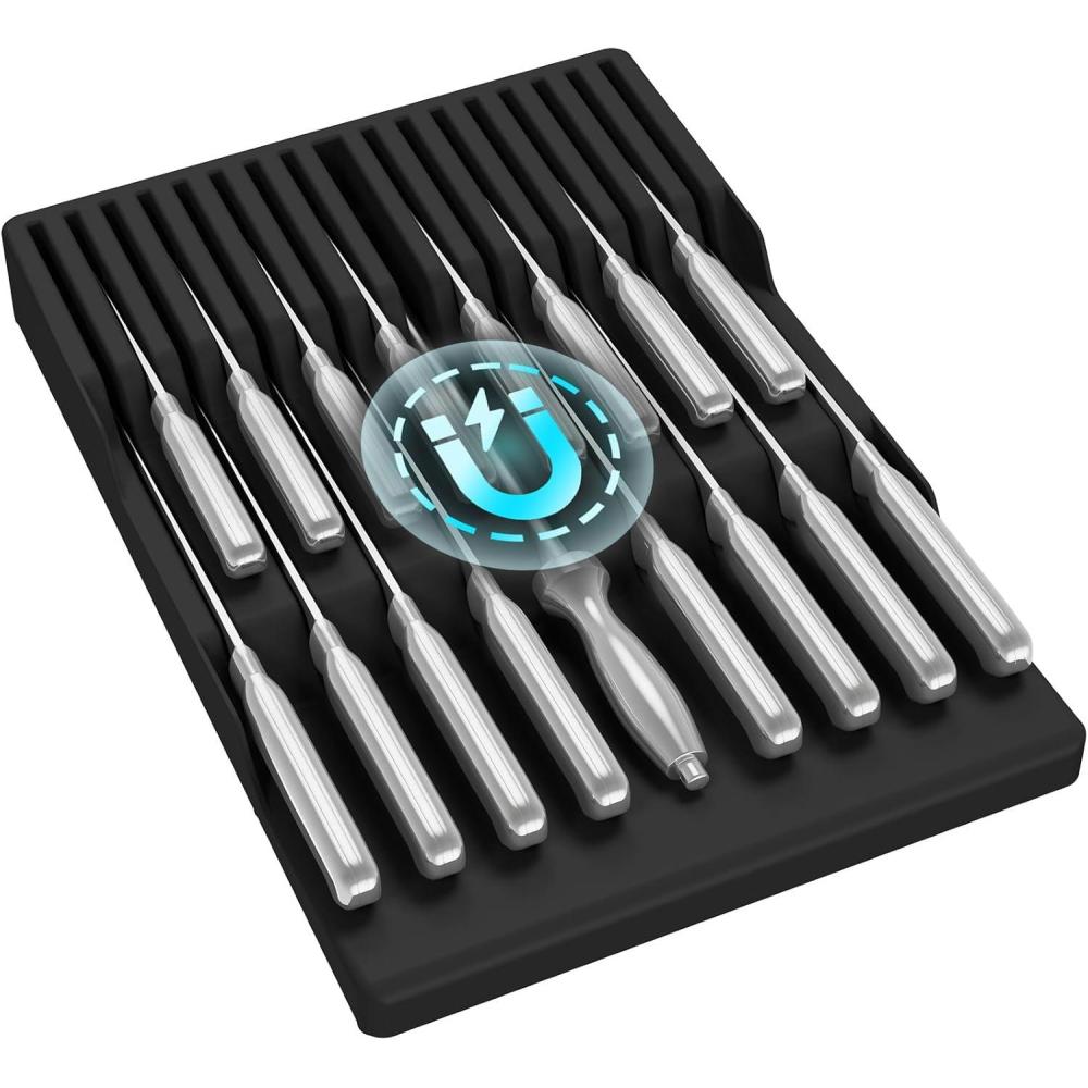 image:imageLifewit Magnetic Drawer Knife Organizers Insert Kitchen Plastic In Drawer Knife Block Slots Steak Chefs Knives Holder Storage Sets for 16 Knives and 1 Sharpening Steel Extra Large GrayBlack