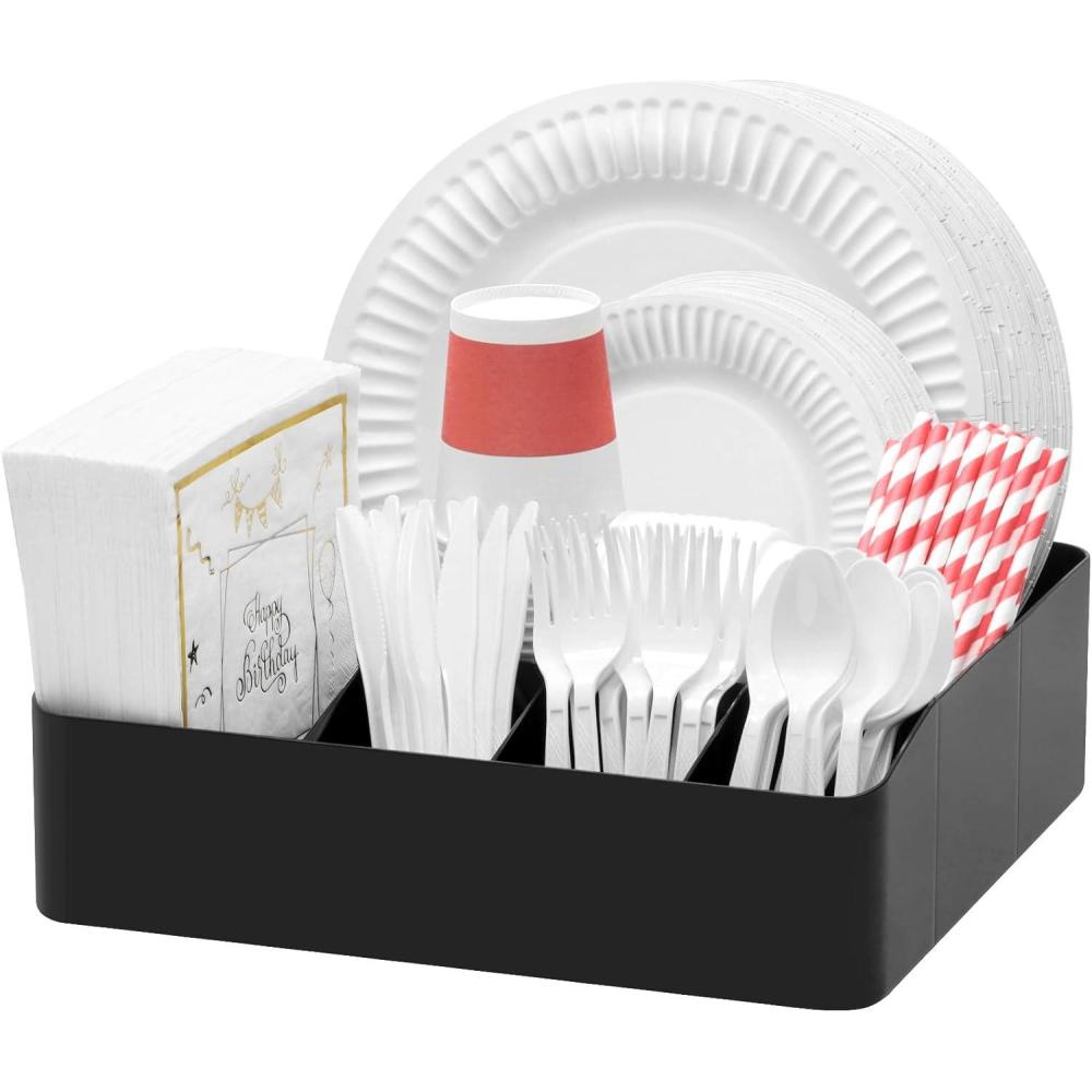 image:imageLifewit Paper Plate Organizer for Kitchen Countertop Plastic Silverware Caddy for Party Utensil Holder with 7 Compartment Cutlery Flatware Dispenser Box for Cup Spoon Fork Napkin Black 29 31cm