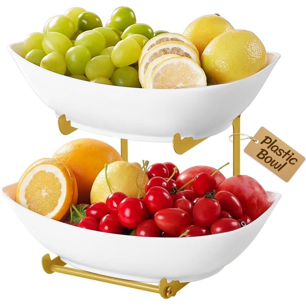 image:imageLifewit Plastic Fruit Bowl Basket for Kitchen Countertop 3 Tier Fruit Holder with Black Metal Stand Serving Tray for Food Vegetable Cake Dessert in PartyGold