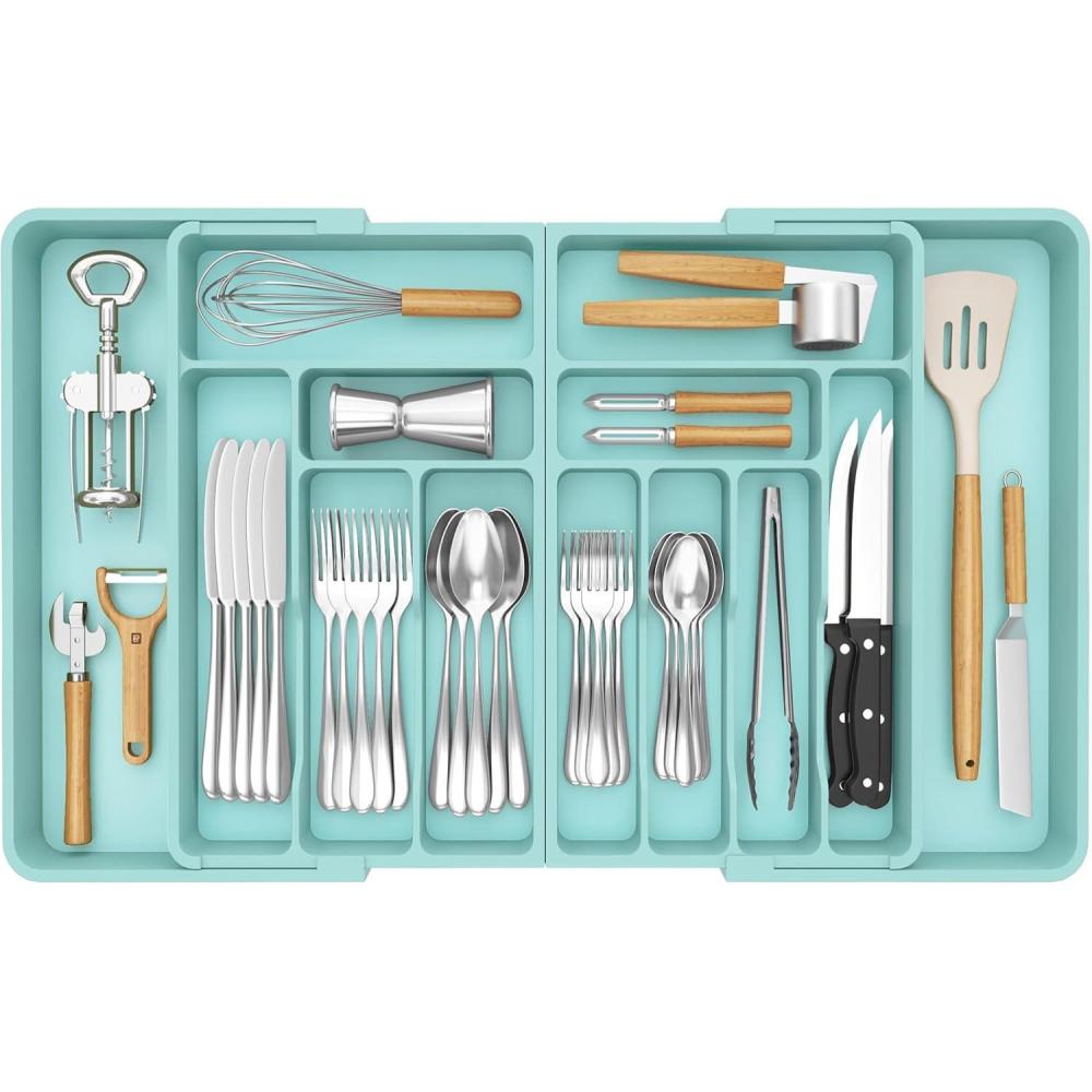 image:imageLifewit Silverware Drawer Organizer Expandable BPA Free Plastic Utensil Tray for Kitchen Adjustable Flatware Cutlery Holder for Spoons Forks Knives 21336 x 169 BlackTurquoise