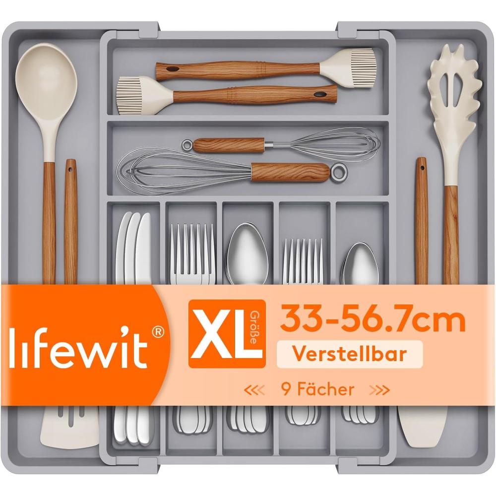 image:imageLifewit Silverware Drawer Organizer Expandable BPA Free Plastic Utensil Tray for Kitchen Adjustable Flatware Cutlery Holder for Spoons Forks Knives 21336 x 169 BlackGray