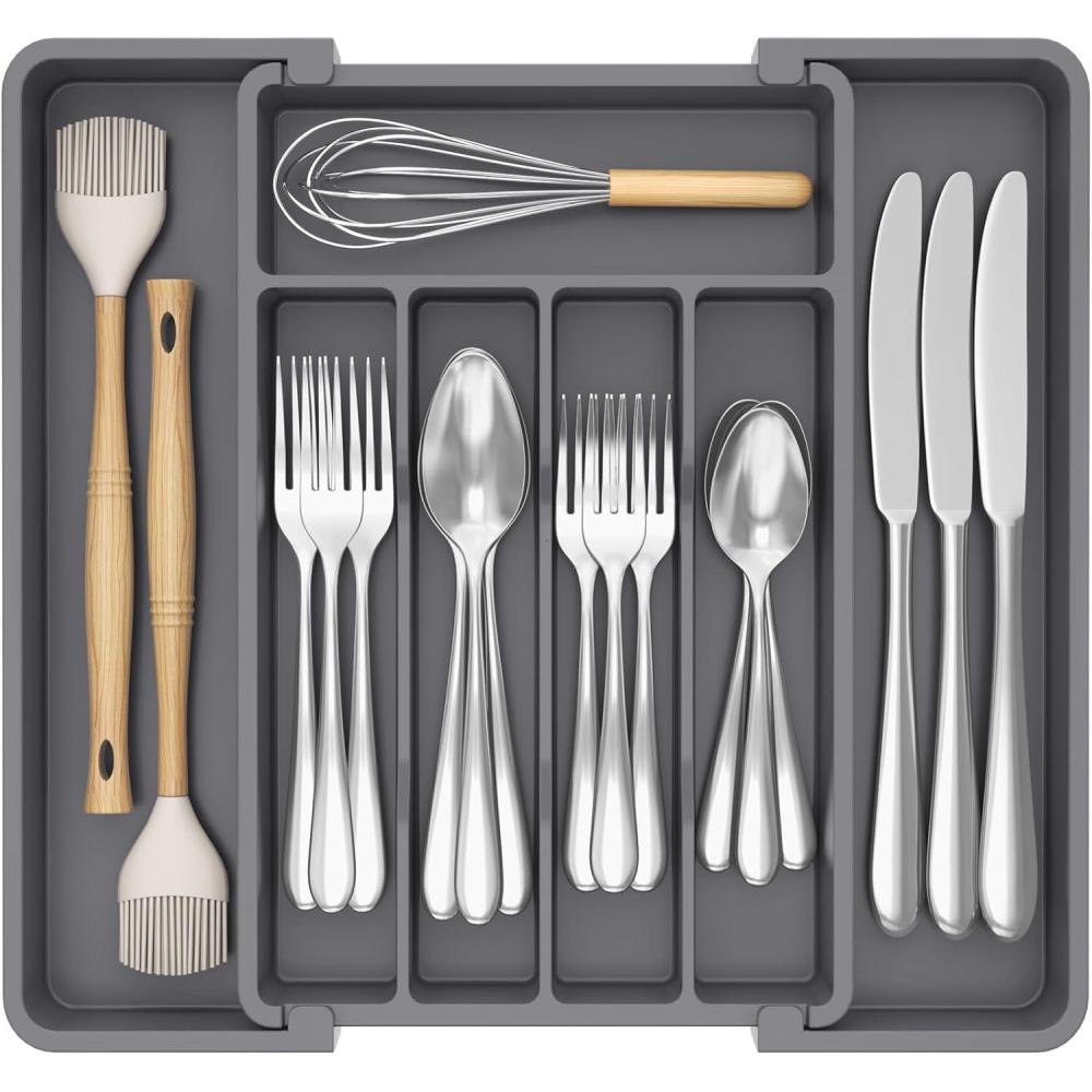 image:imageLifewit Silverware Drawer Organizer Expandable Utensil Tray for Kitchen BPA Free Flatware and Cutlery Holder Adjustable Plastic Storage for Spoons Forks Knives 1322 x 15 BlackDark Gray