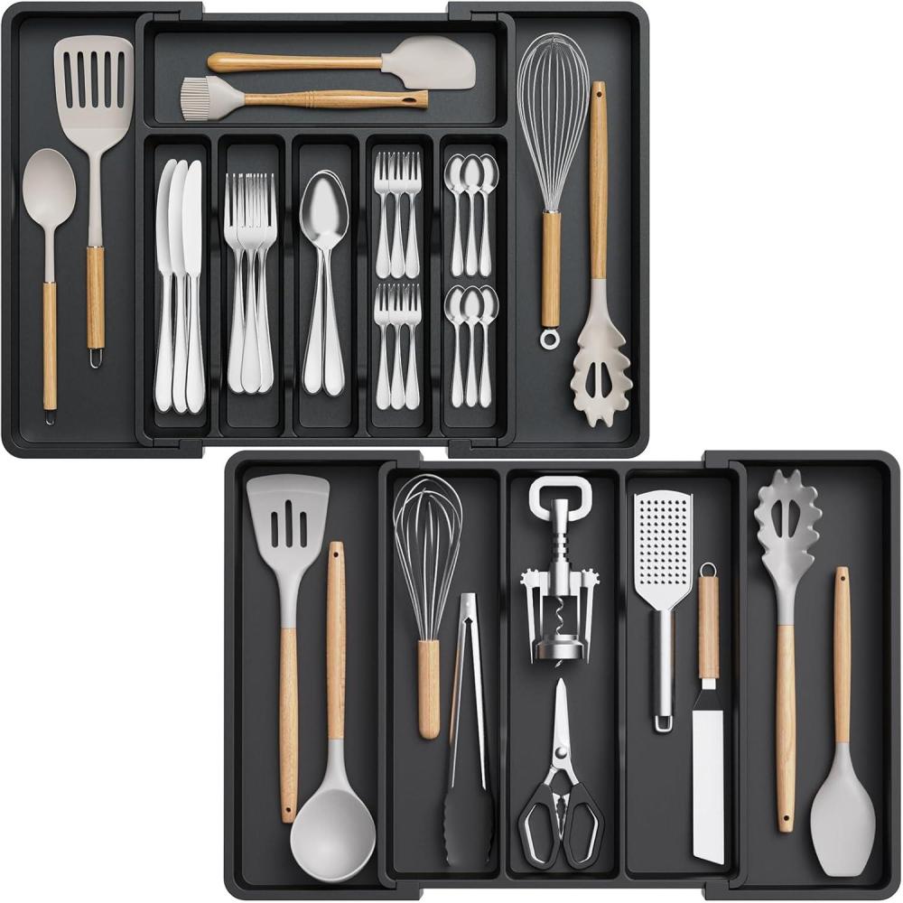 image:imageLifewit Silverware Drawer Organizer and Utensil Organizer Set Expandable Cooking Cutlery Tray for Kitchen Adjustable Plastic Flatware Holder Storage Divider for Spoons Forks Knives Large BlackBlack