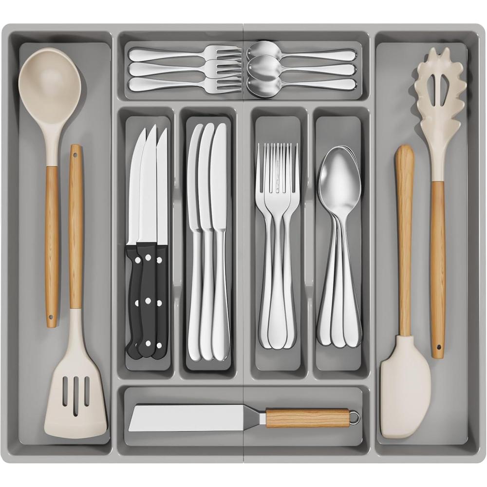 image:imageLifewit Silverware Organizer Plastic Kitchen Utensil Drawer Tray Cutlery Flatware Storage Holder for Spoons Forks Knives 20 x 16 52 x 42cm 8 Compartment Gray203 x 165 x 2 IN