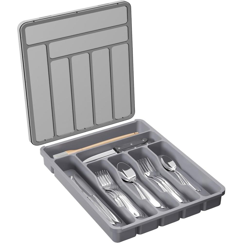 image:imageLifewit Silverware Organizer with Lid Covered Utensil Tray for Kitchen Drawer and Countertop Plastic Cutlery and Flatware Storage Box for Spoons Forks Knives Holder Case 23 x 32 cm GrayGray