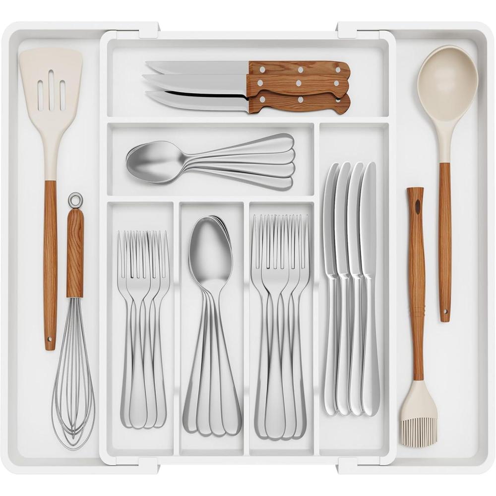 image:imageLifewit Utensil Organizer for Kitchen Drawer Expandable Cooking Silverware Tray Adjustable Cutlery Flatware Holder Plastic Spatula Tools Storage Divider 13224 x 15 BlackWhite