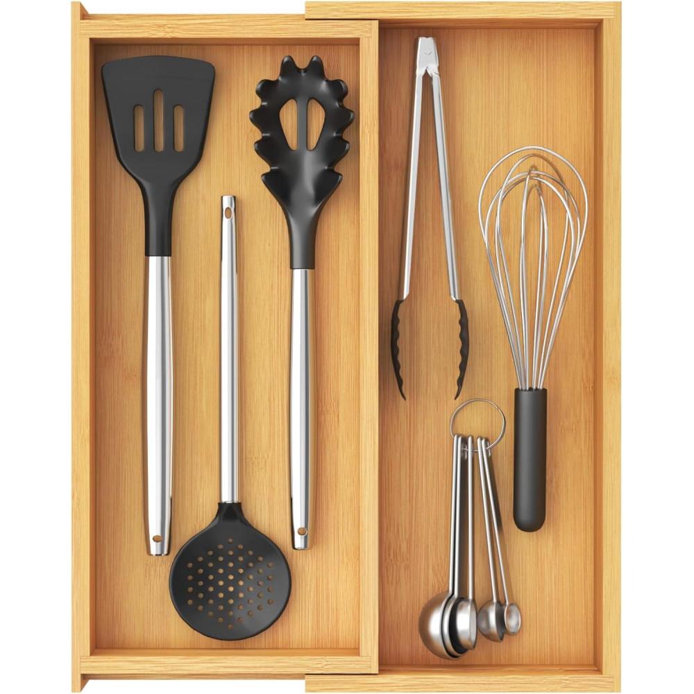 image:imageLifewit Utensil Organizer for Kitchen Drawer Expandable Cooking Utensil Tray Bamboo Cutlery Silverware Flatware Holder Adjustable Spatula Tools Storage Divider 33 56x38cm Natural and BlackNatural