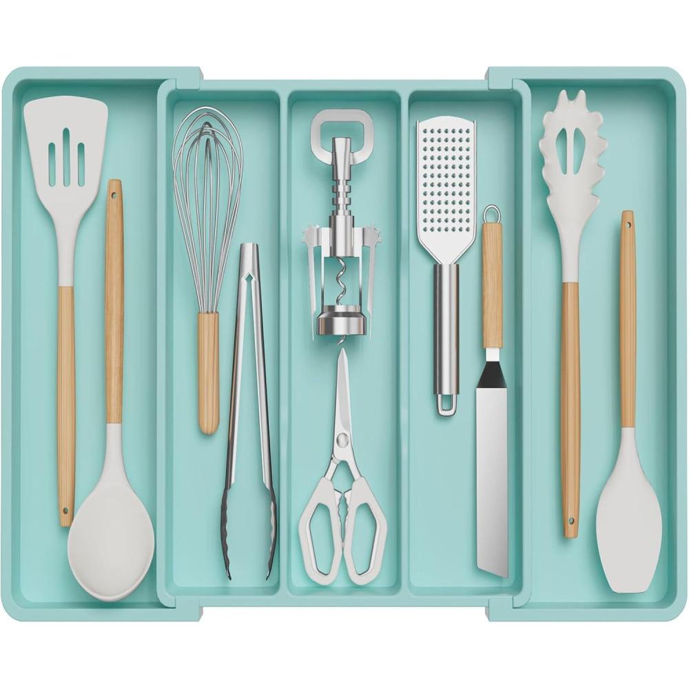 image:imageLifewit Utensil Organizer for Kitchen Drawers Expandable Cooking Utensil Tray Adjustable Cutlery Silverware Flatware Holder Plastic Spatula Tools Storage Divider 1322 x 15 BlackTurquoise
