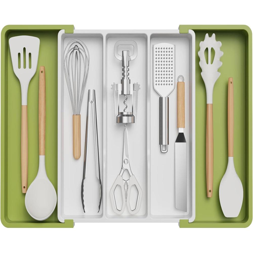 image:imageLifewit Utensil Organizer for Kitchen Drawers Expandable Cooking Utensil Tray Adjustable Cutlery Silverware Flatware Holder Plastic Spatula Tools Storage Divider 1322 x 15 BlackGreenWhite
