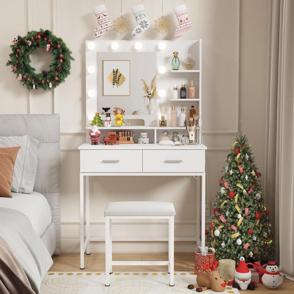 image:imageLifewit Vanity Desk Set with Mirror and Lights White Makeup Dressing Table with 2 DrawersampChair 3 Lighting Modes Adjustable Brightness Suitable for BedroomBathroom Wooden TopampIron FrameWhite