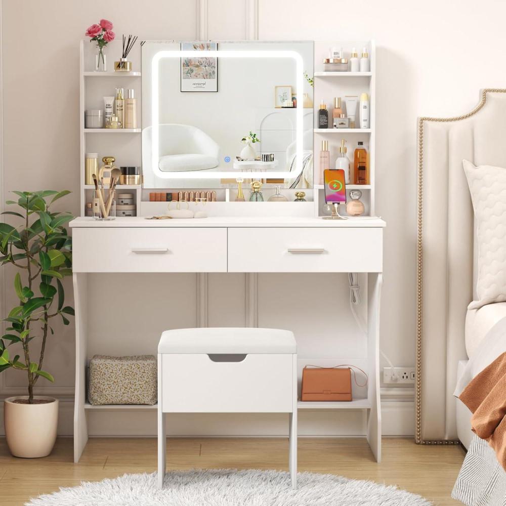 image:imageLifewit Vanity with Mirror and Bulbs Lights Adjustable ColorBrightness 2 Power Outlets 2 USB Ports White Makeup Desk with Storage Stool 8 Open Shelves 2 Drawers 68lbs Weight Bottom ShelfLED Light Mirror