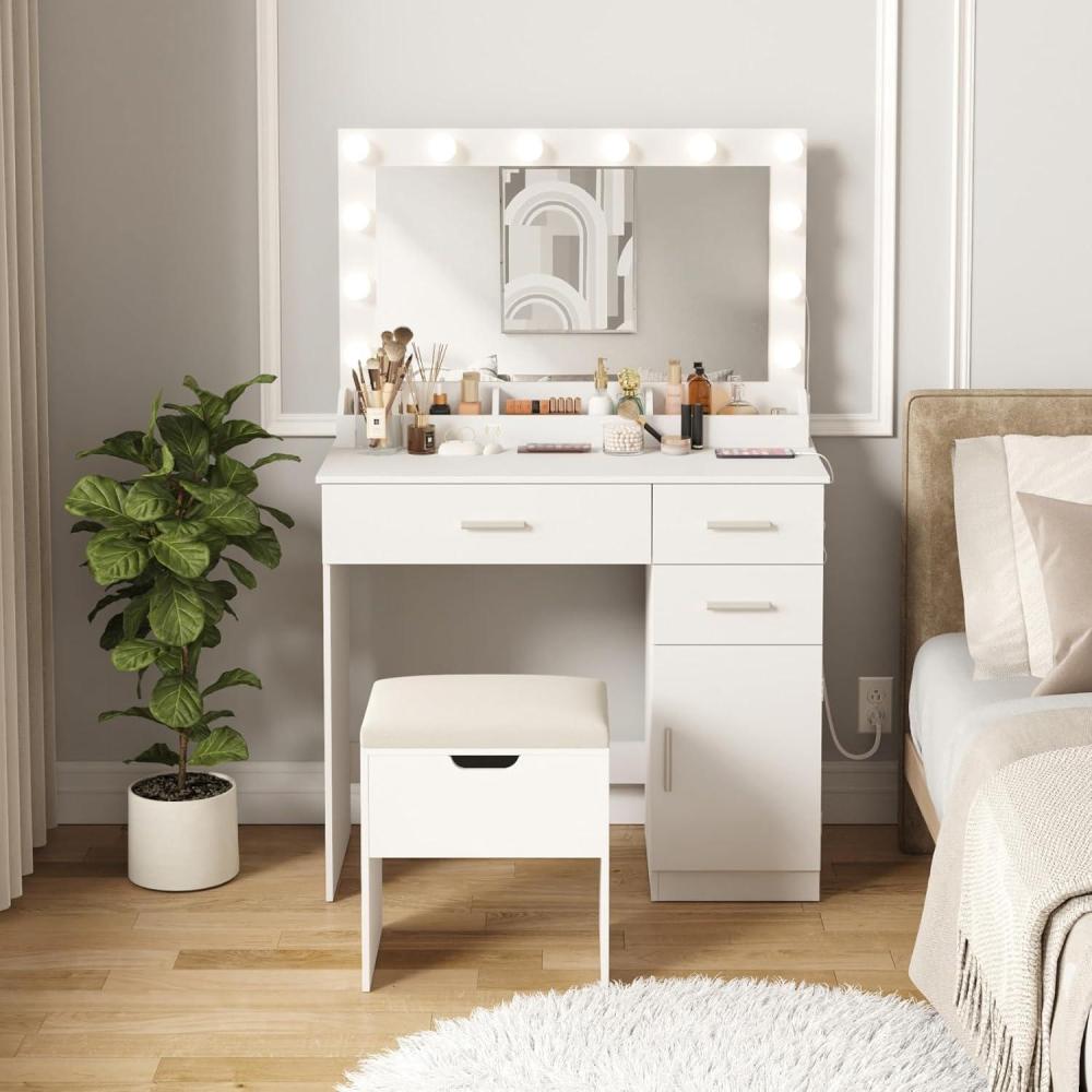 image:imageLifewit Vanity with Mirror and Bulbs Lights Dressing Table with Large Drawer 3 Level Storage Dresser amp 3 Lighting Modes Adjustable Brightness Suitable for Bedroom 76lbs WeightBulbs Light Mirror