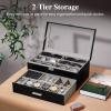 Lifewit 2- layer Sunglasses Organizer with Glass Lid, 6 Slots eyeswear and Watch box, Spaces for Rings, Brooch, Tie Clip, Multiple Eyeglasses Display Case for Men, Gift Idea, Inky Black, 14″(36cm) L