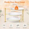 Lifewit Plastic 3 Tier Serving Tray Platter for Party Entertaining, 10″ × 10″ Large Dessert Table Display Set, White Reusable Round Dishes with Gold Metal Display Stand for Veggie, Fruit, Cookies(Gold)