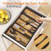 Lifewit Utensil Organizer for Kitchen Drawer, Expandable Cooking Utensil Tray, Bamboo Cutlery Silverware Flatware Holder, Adjustable Spatula Tools Storage Divider, 33 -56x38cm, Natural and Black(Natural & Black)