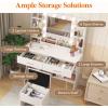 Lifewit Vanity with Mirror and Bulbs Lights, Adjustable Color/Brightness, 2 Power Outlets/ 2 USB Ports, White Makeup Desk with Storage Stool, 8 Open Shelves, 2 Drawers, 68lbs Weight, Bottom Shelf(Bulbs Light Mirror)