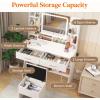 Lifewit Vanity with Mirror and Bulbs Lights, Adjustable Color/Brightness, 2 Power Outlets/ 2 USB Ports, White Makeup Desk with Storage Stool, 8 Open Shelves, 2 Drawers, 68lbs Weight, Bottom Shelf(LED Light Mirror)