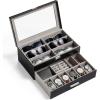 Lifewit 2- layer Sunglasses Organizer with Glass Lid, 6 Slots eyeswear and Watch box, Spaces for Rings, Brooch, Tie Clip, Multiple Eyeglasses Display Case for Men, Gift Idea, Inky Black, 14″(36cm) L