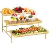 Lifewit 3 Tier Bamboo Serving Tray for Party Supplies, 12″ x 6.5″ Platters for Serving Food, Reusable Trays with Black Metal Display Stand for Veggie, Fruit, Cookies, Dessert(Gold)