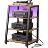 Lifewit 4 Tier AV Media Stand with Power Outlets, Stereo Racks with LED Lights, Wheels and Adjustable Shelves for Record Player, Rolling Media Audio Tower Cabinet, Hold 110lbs, Rustic Brown