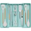 Lifewit Utensil Organizer for Kitchen Drawers, Expandable Cooking Utensil Tray, Adjustable Cutlery Silverware Flatware Holder, Plastic Spatula Tools Storage Divider, 13-22 x 15, Black(Turquoise)