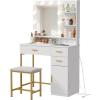 Lifewit Vanity with Mirror and Light,2 Power Outlets and 2 USB Ports, Adjustable Color/Brightness, Makeup Desk with 4 Drawers and Stool for Bedroom, Bathroom, Makeup Room, 74lbs Weight, White