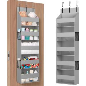 Lifewit 1 Pack Over the Door Organizer, Clear Window Hanging Storage with 4 Mesh Side Pockets, Anti Tilt 40 lbs Load Behind Door for Pantry, Nursery, Bathroom, Bedroom, Dorm, 5 Section, Gray(Light Gray)