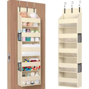 Lifewit 1 Pack Over the Door Organizer, Clear Window Hanging Storage with 4 Mesh Side Pockets, Anti Tilt 40 lbs Load Behind Door for Pantry, Nursery, Bathroom, Bedroom, Dorm, 5 Section, Gray(Beige)