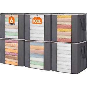 Lifewit 120L Extra Large Blanket Storage Bags, Foldable Comforter Storage with Reinforced Handles, Clothes Storage Containers for King Comforter, Bedding, Pillow, Sheet, Storage Bin with Lids 3 Pack(6)