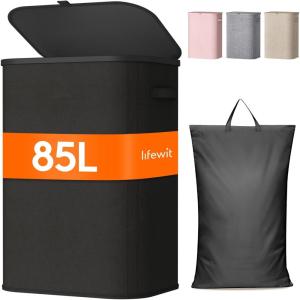 Lifewit 165L Laundry Basket with Lid, Large Laundry Hamper with Plastic Handles and Removable Bag, Foldable Tall Dirty Clothes Hampers for Laundry for Laundry Room, Bedroom, Bathroom, Dorm, Beige(Black)