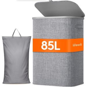 Lifewit 165L Laundry Basket with Lid, Large Laundry Hamper with Plastic Handles and Removable Bag, Foldable Tall Dirty Clothes Hampers for Laundry for Laundry Room, Bedroom, Bathroom, Dorm, Beige(Light Gray)