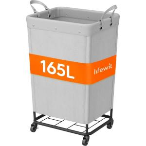 Lifewit 165L Laundry Basket with Wheels, Large Heavy Duty Commercial Rolling Laundry Hamper with Handles, Tall Steel Frame Laundry Cart for Laundry Room Bedroom Hotel Home Dorm, White(Sliver Gray)
