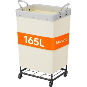 Lifewit 165L Laundry Basket with Wheels, Large Heavy Duty Commercial Rolling Laundry Hamper with Handles, Tall Steel Frame Laundry Cart for Laundry Room Bedroom Hotel Home Dorm, White(White)
