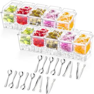 Lifewit 2 Pack Ice Chilled Condiment Caddy with 5 Containers(2.5 cup), Condiment Server with Separate Lids, Serving Tray Platter for Bar Accessories, Fruit, Salad, Taco, Party Garnish(2)