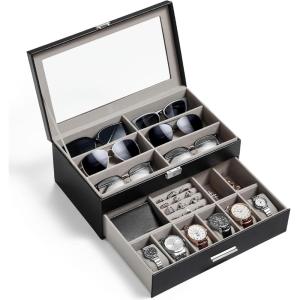 Lifewit 2- layer Sunglasses Organizer with Glass Lid, 6 Slots eyeswear and Watch box, Spaces for Rings, Brooch, Tie Clip, Multiple Eyeglasses Display Case for Men, Gift Idea, Inky Black, 14″(36cm) L