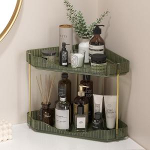 Lifewit 2-Tier Corner Bathroom Counter Organizer, Plastic Makeup Skincare Organizers Storage Countertop, Large Sink Cosmetic Perfume Shelf for Bedroom, Dresser, Kitchen, Vanity, Clear(Green)
