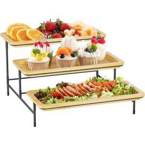 Lifewit 3 Tier Bamboo Serving Tray for Party Supplies, 12″ x 6.5″ Platters for Serving Food, Reusable Trays with Black Metal Display Stand for Veggie, Fruit, Cookies, Dessert(Black)