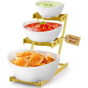 Lifewit 3 Tier Plastic Serving Bowls with Metal Stand, Chips and Dip Serving Tray Set for Entertaining Party, Crack-Proof Serving Platters for Fruit/Salad/Snack/Dessert Appetizer/Candy, Gold(Gold)