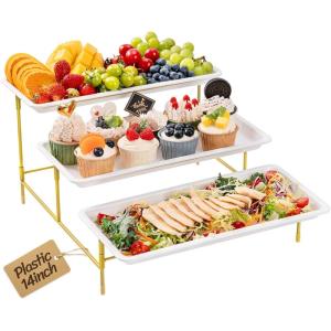 Lifewit 3 Tier Serving Tray for Party, 12″ x 6.5″ Plastic Tiered Food Serving Platters, White Rotatable Tiered Tray Stand with Gold Collapsible Metal Stand, Dessert Table Display Set for Buffet(14″ x 6.5″)