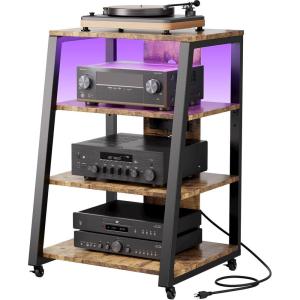 Lifewit 4 Tier AV Media Stand with Power Outlets, Stereo Racks with LED Lights, Wheels and Adjustable Shelves for Record Player, Rolling Media Audio Tower Cabinet, Hold 110lbs, Rustic Brown