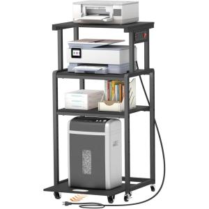 Lifewit 4 Tier Printer Stand with 3 Power Outlets, Wheels and Adjustable Storage Shelf for Home Office, Rolling Printer Cart for Shredder, Scanner, Fax, Hold 340lbs, Rustic Brown(Black)