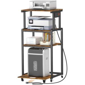 Lifewit 4 Tier Printer Stand with 3 Power Outlets, Wheels and Adjustable Storage Shelf for Home Office, Rolling Printer Cart for Shredder, Scanner, Fax, Hold 340lbs, Rustic Brown(Rustic Brown)